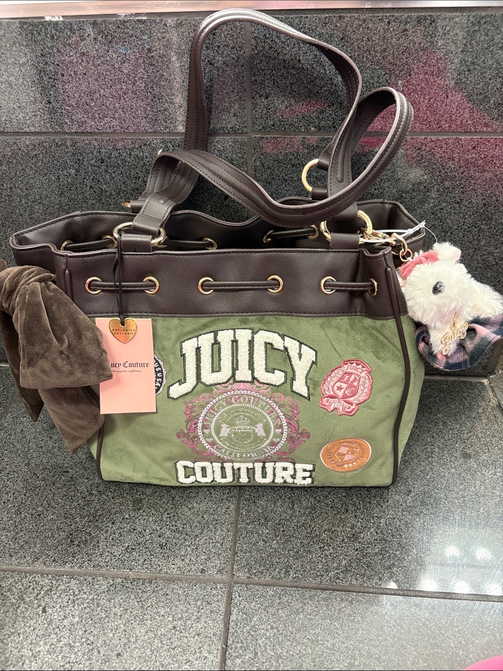 Exclusive Juicy Couture Olive Green Canvas Tote with Brown Trim and Logo Patches